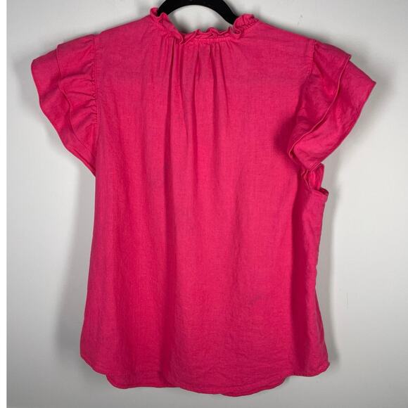 Anne Klein, Size Large, Bright Pink Linen Blend Blouse, Flutter Sleeves, Gold - Picture 6 of 7